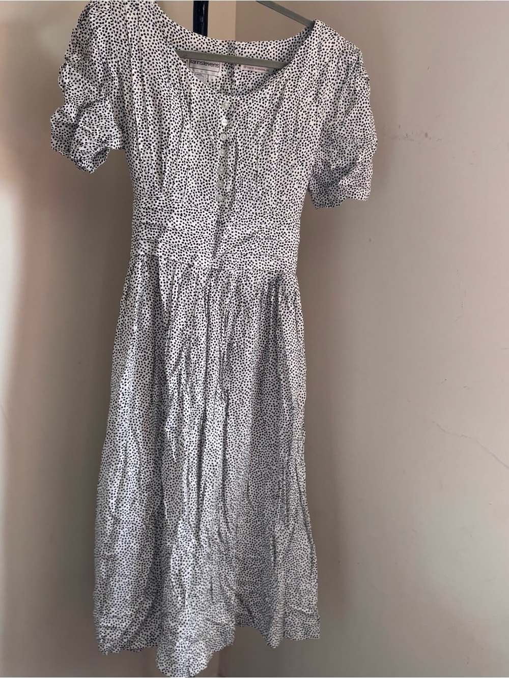 Vintage  White and Black Polka Dot Puff Sleeve Midi Dress